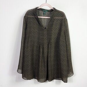 Lauren Ralph Lauren Popover Sheer Split Wrist Top Blouse Tunic Black Goldish  3X